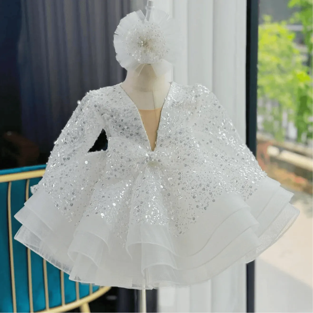Sequined deep V Dress Girl's birthday Party Princess dress 9M-12Yrs