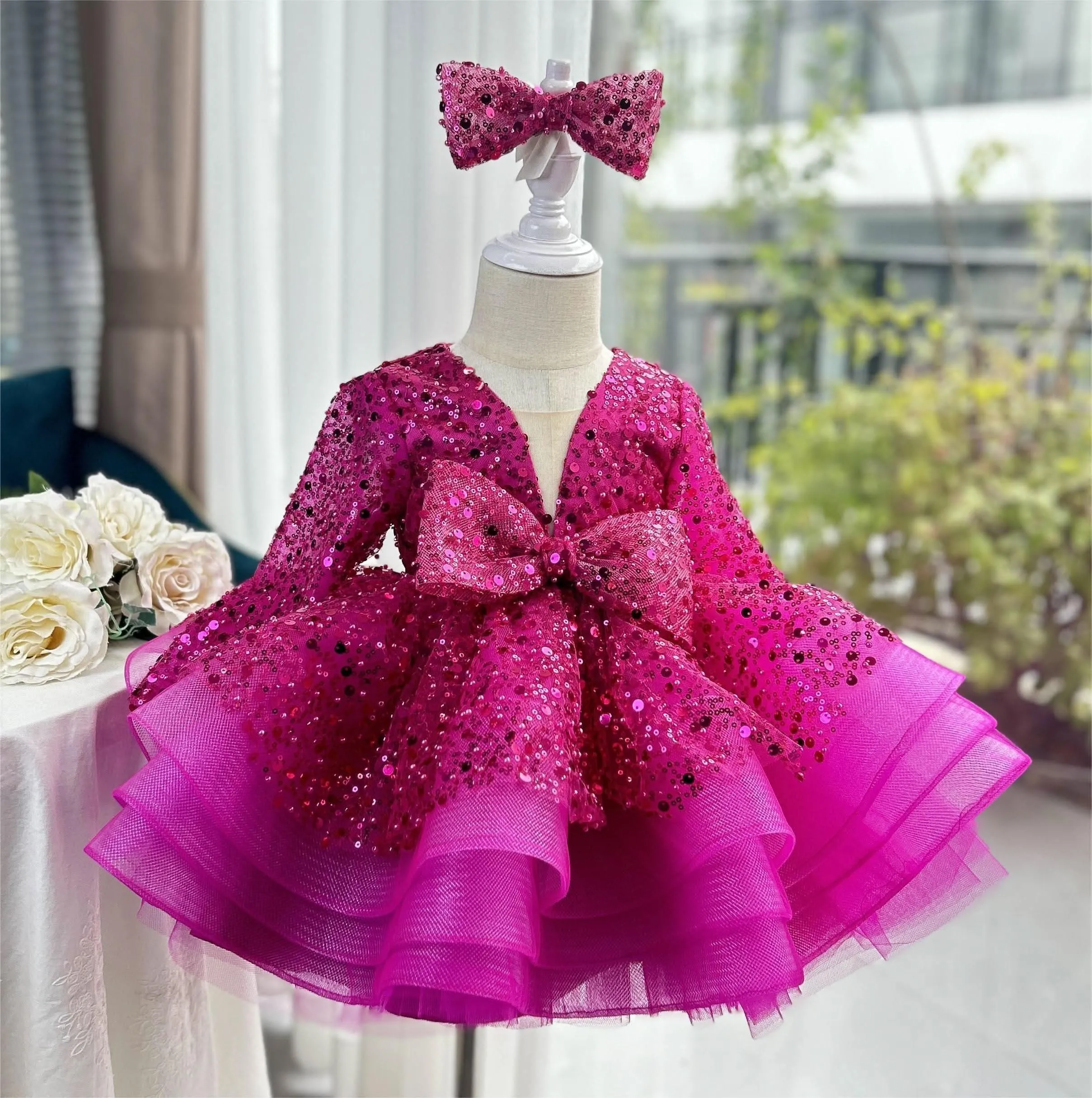 Sequined deep V Dress Girl's birthday Party Princess dress 9M-12Yrs