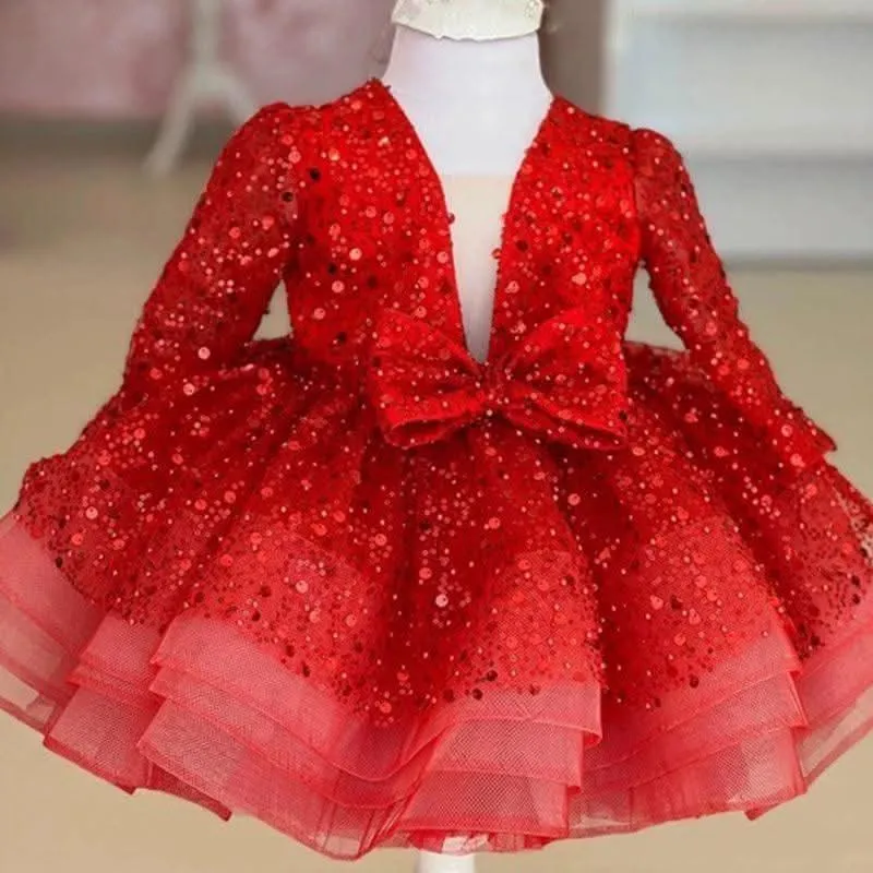 Sequined deep V Dress Girl's birthday Party Princess dress 9M-12Yrs
