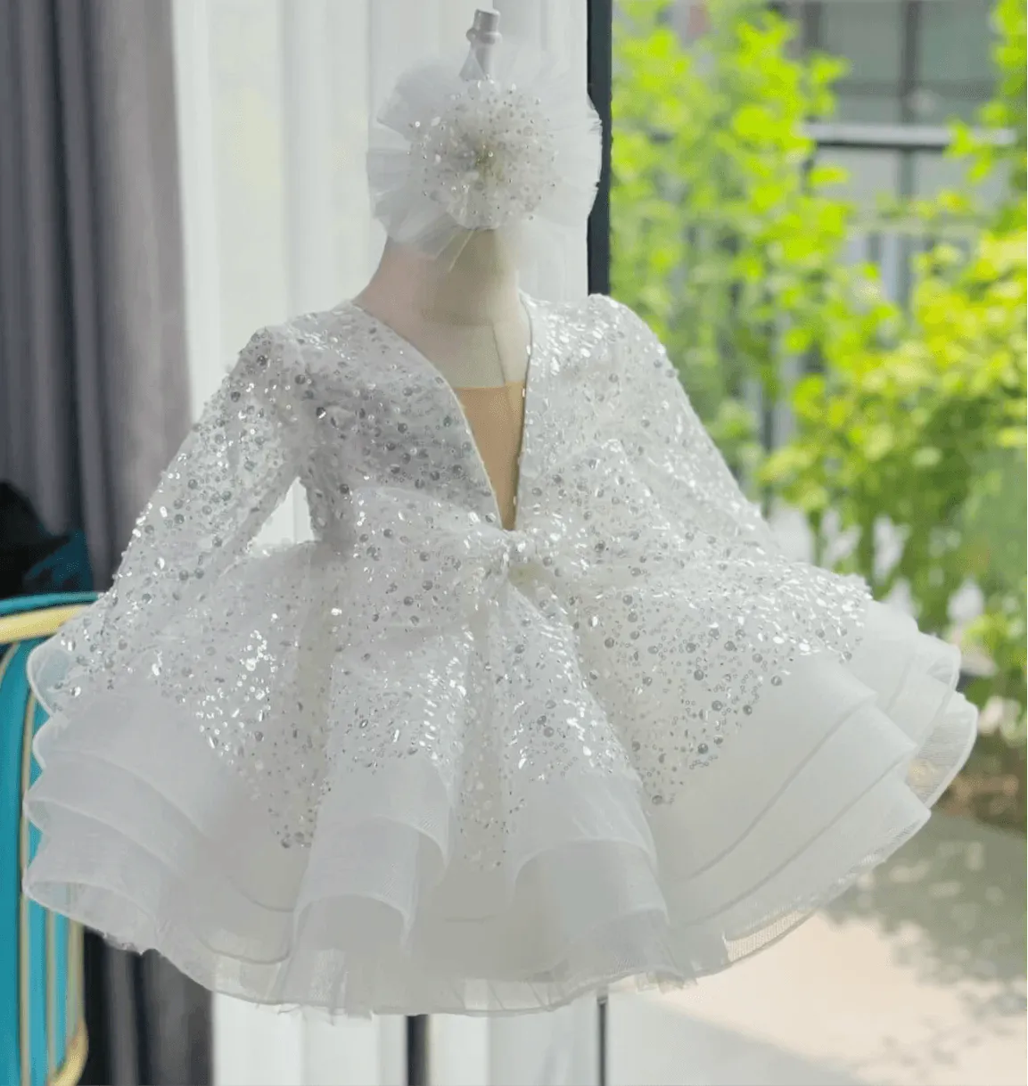 Sequined deep V Dress Girl's birthday Party Princess dress 9M-12Yrs