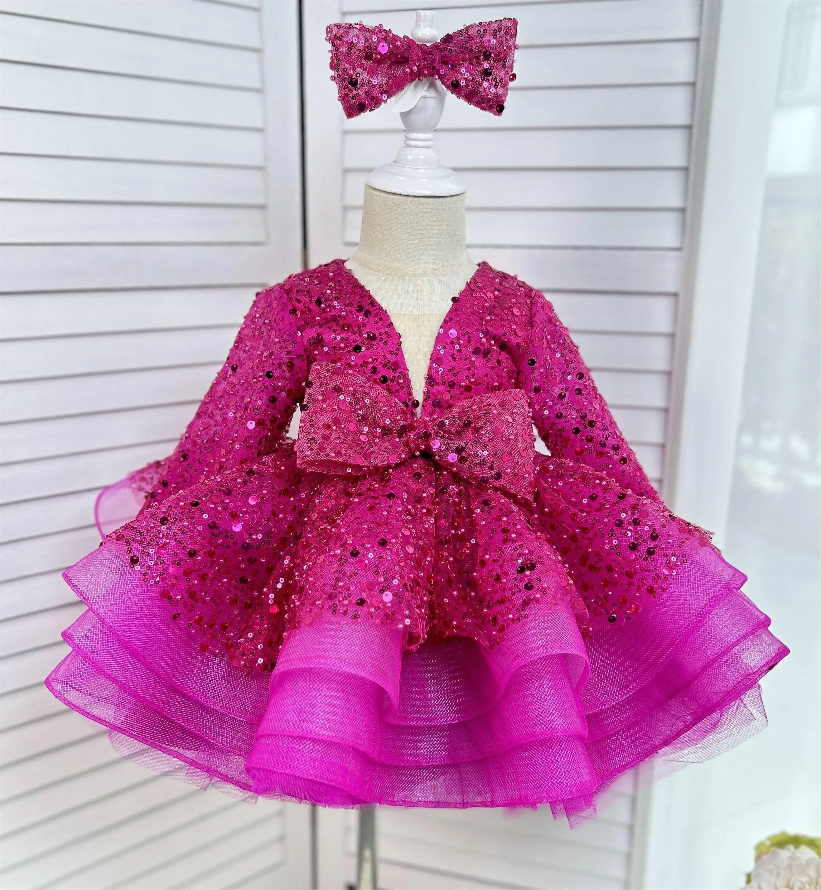 Sequined deep V Dress Girl's birthday Party Princess dress 9M-12Yrs