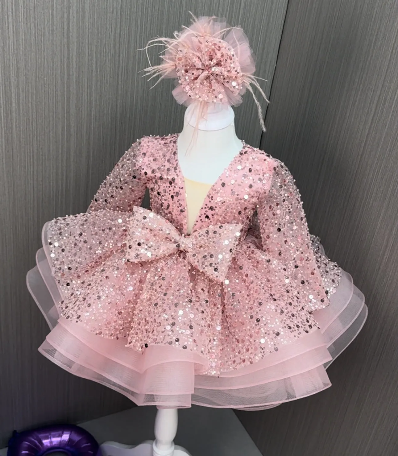 Sequined deep V Dress Girl's birthday Party Princess dress 9M-12Yrs