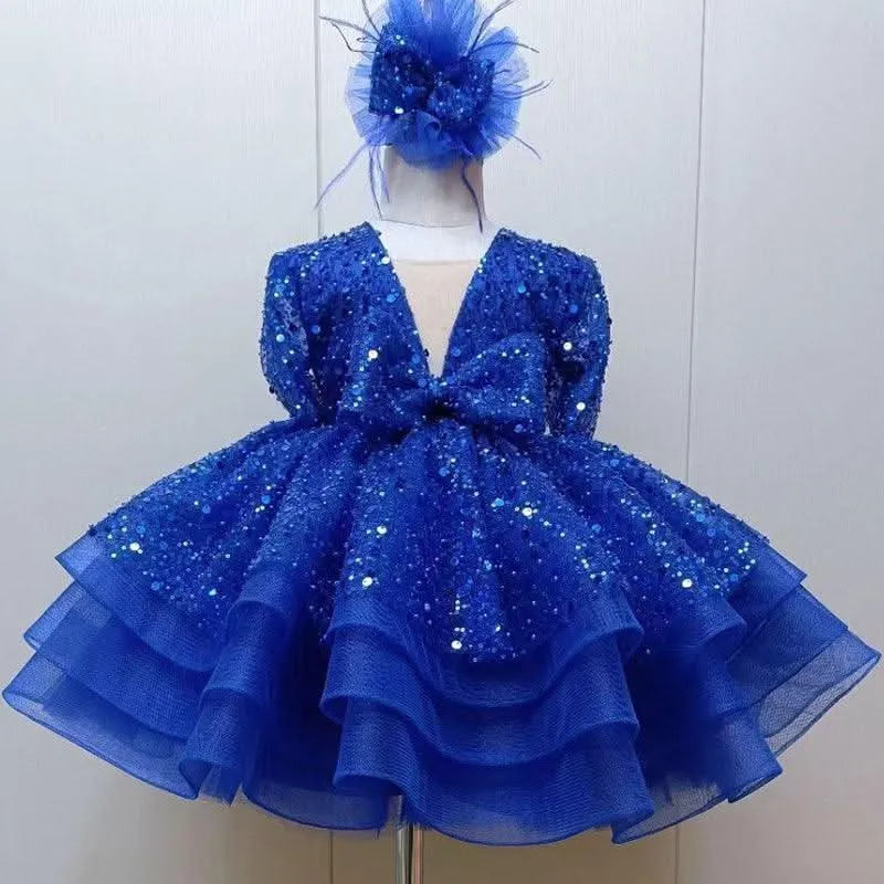Sequined deep V Dress Girl's birthday Party Princess dress 9M-12Yrs