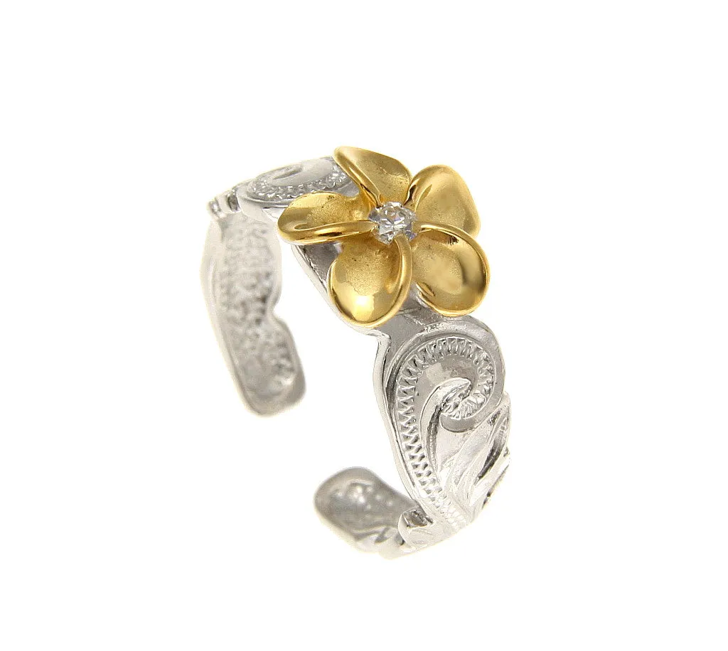 SILVER 925 HAWAIIAN YELLOW GOLD PLUMERIA SCROLL TOE RING CUT OUT EDGE RHODIUM
