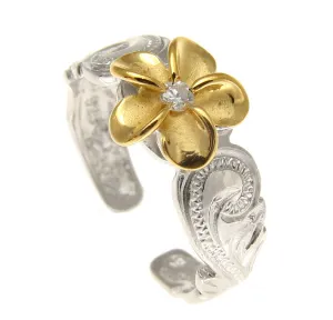 SILVER 925 HAWAIIAN YELLOW GOLD PLUMERIA SCROLL TOE RING CUT OUT EDGE RHODIUM