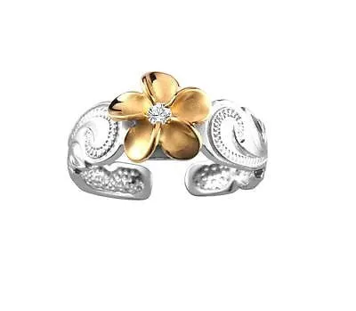 SILVER 925 HAWAIIAN YELLOW GOLD PLUMERIA SCROLL TOE RING CUT OUT EDGE RHODIUM