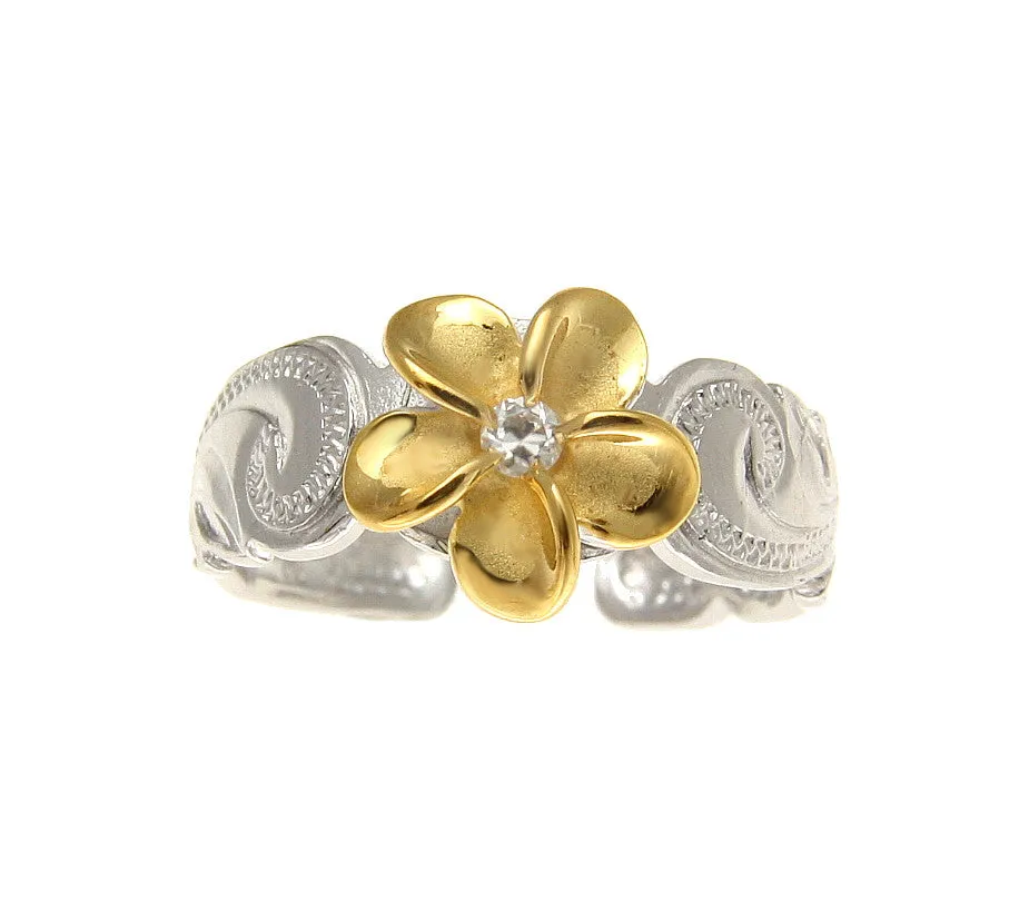SILVER 925 HAWAIIAN YELLOW GOLD PLUMERIA SCROLL TOE RING CUT OUT EDGE RHODIUM