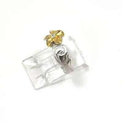 SILVER 925 HAWAIIAN YELLOW GOLD PLUMERIA SCROLL TOE RING CUT OUT EDGE RHODIUM