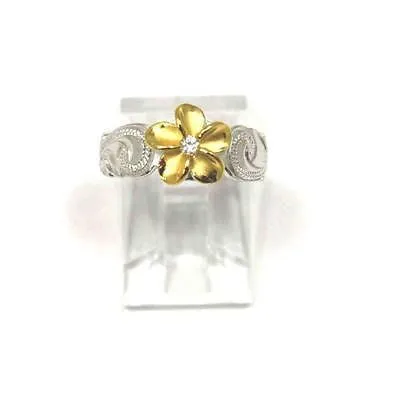 SILVER 925 HAWAIIAN YELLOW GOLD PLUMERIA SCROLL TOE RING CUT OUT EDGE RHODIUM