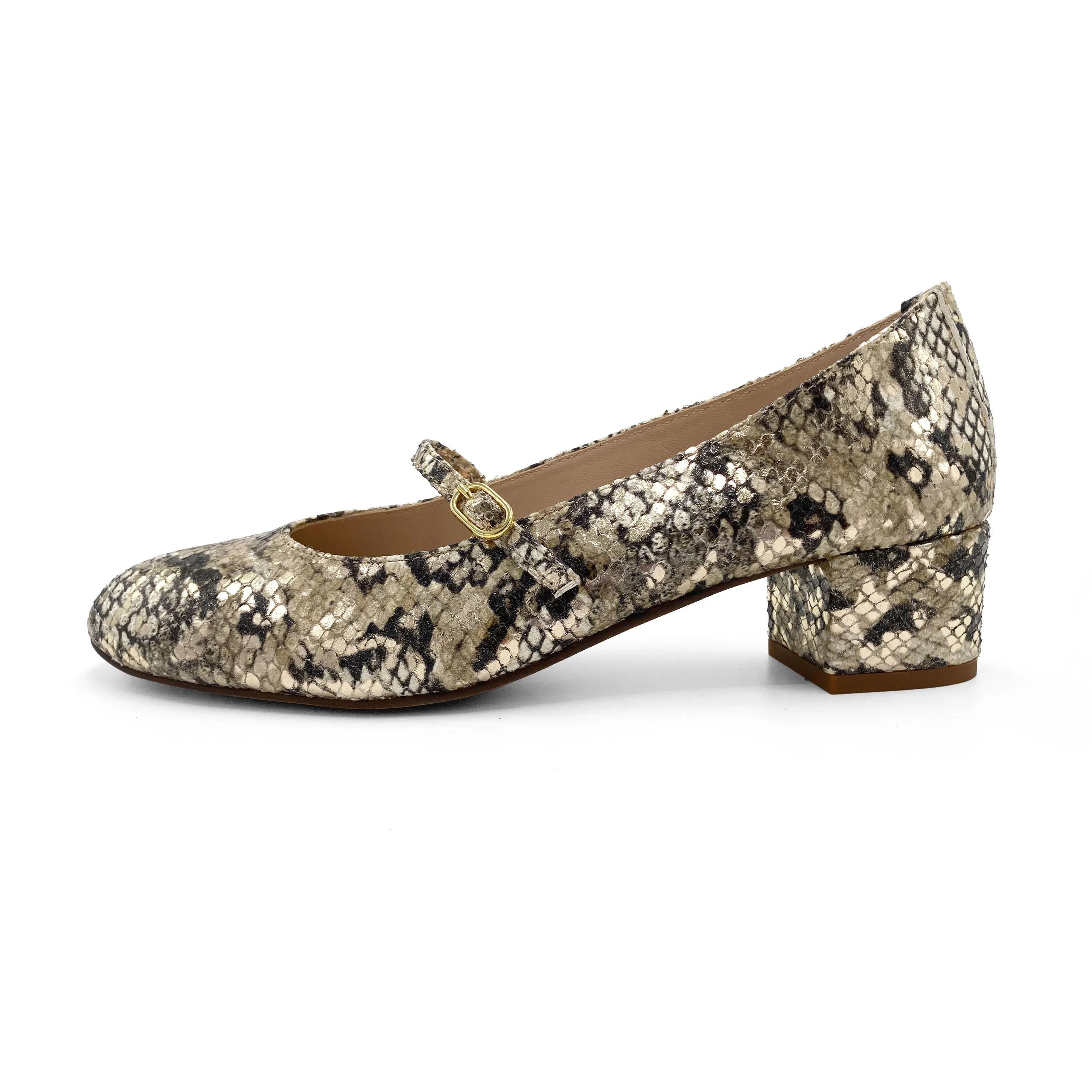 Snake Print Leather Mary Jane Ballet Flats with Strap and High Heel