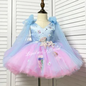 Starfish princess dressfor girls Blue-pink gradient color-Ocean theme birthday party dress