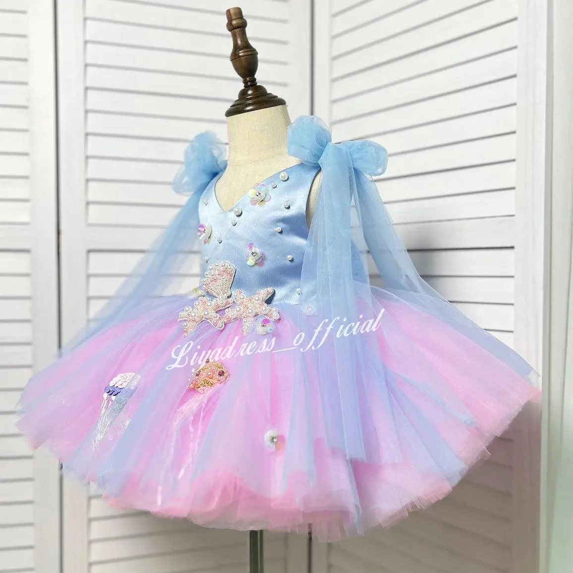 Starfish princess dressfor girls Blue-pink gradient color-Ocean theme birthday party dress