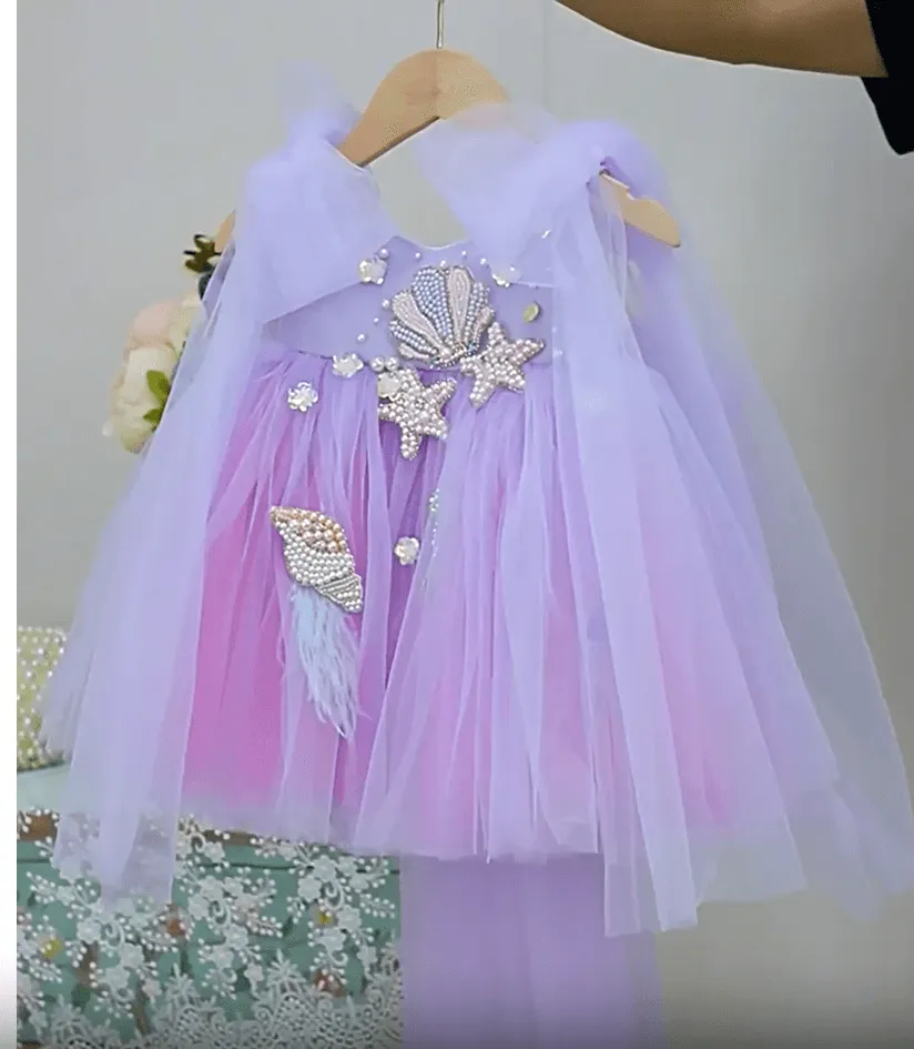 Starfish princess dressfor girls Blue-pink gradient color-Ocean theme birthday party dress