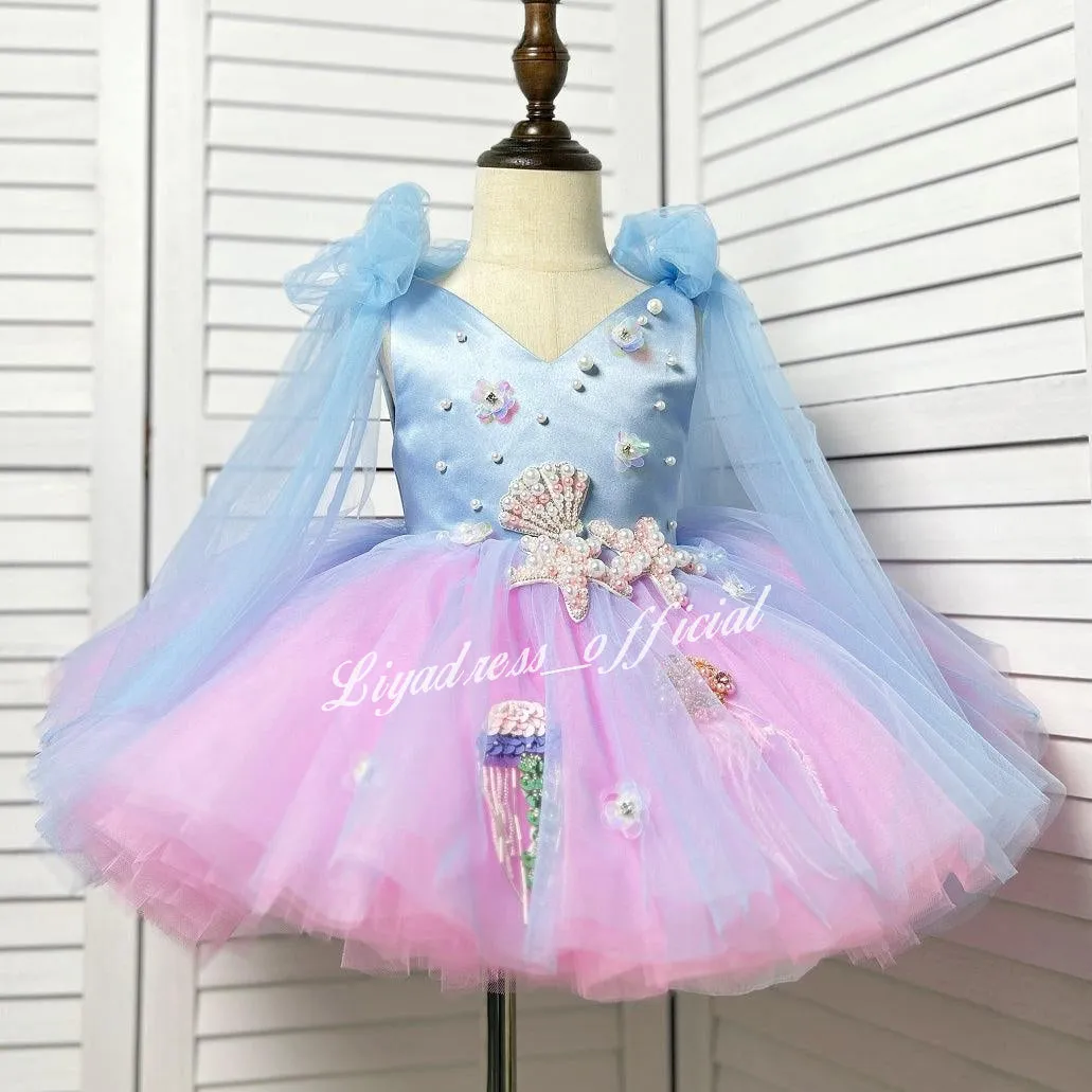Starfish princess dressfor girls Blue-pink gradient color-Ocean theme birthday party dress
