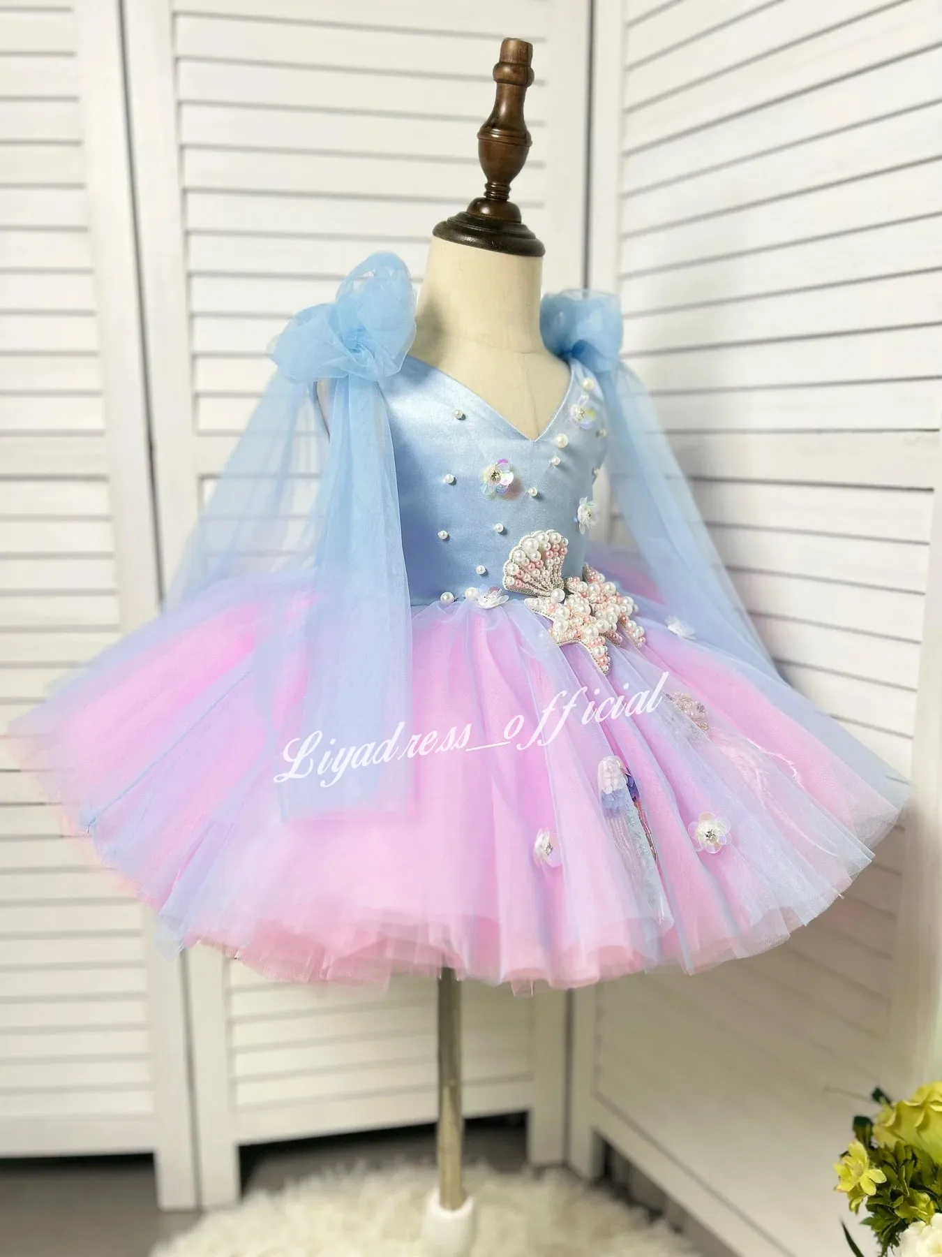 Starfish princess dressfor girls Blue-pink gradient color-Ocean theme birthday party dress