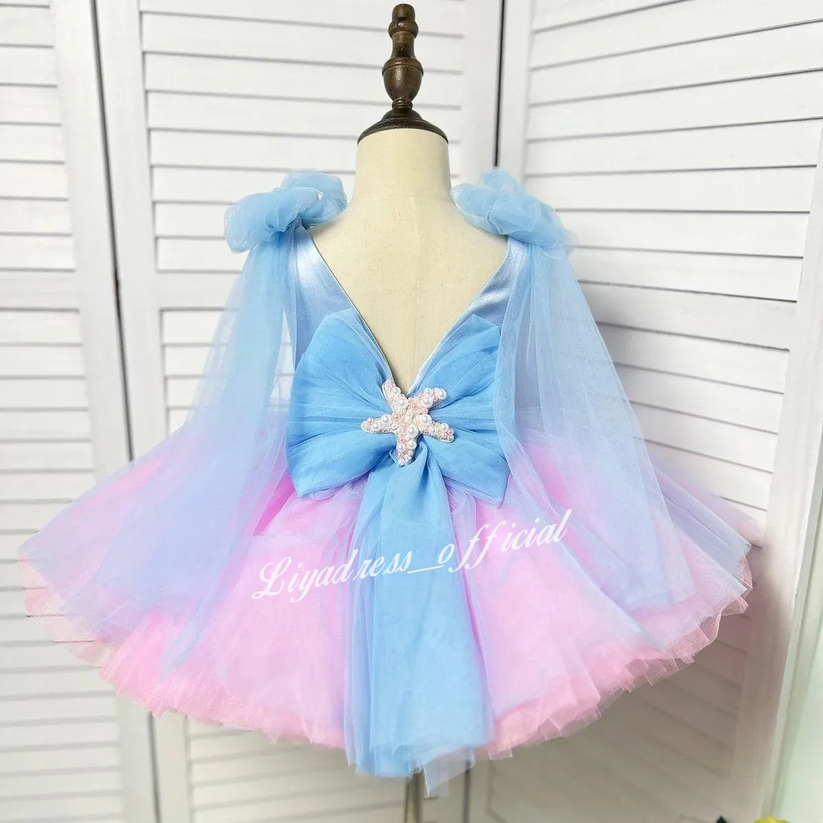 Starfish princess dressfor girls Blue-pink gradient color-Ocean theme birthday party dress