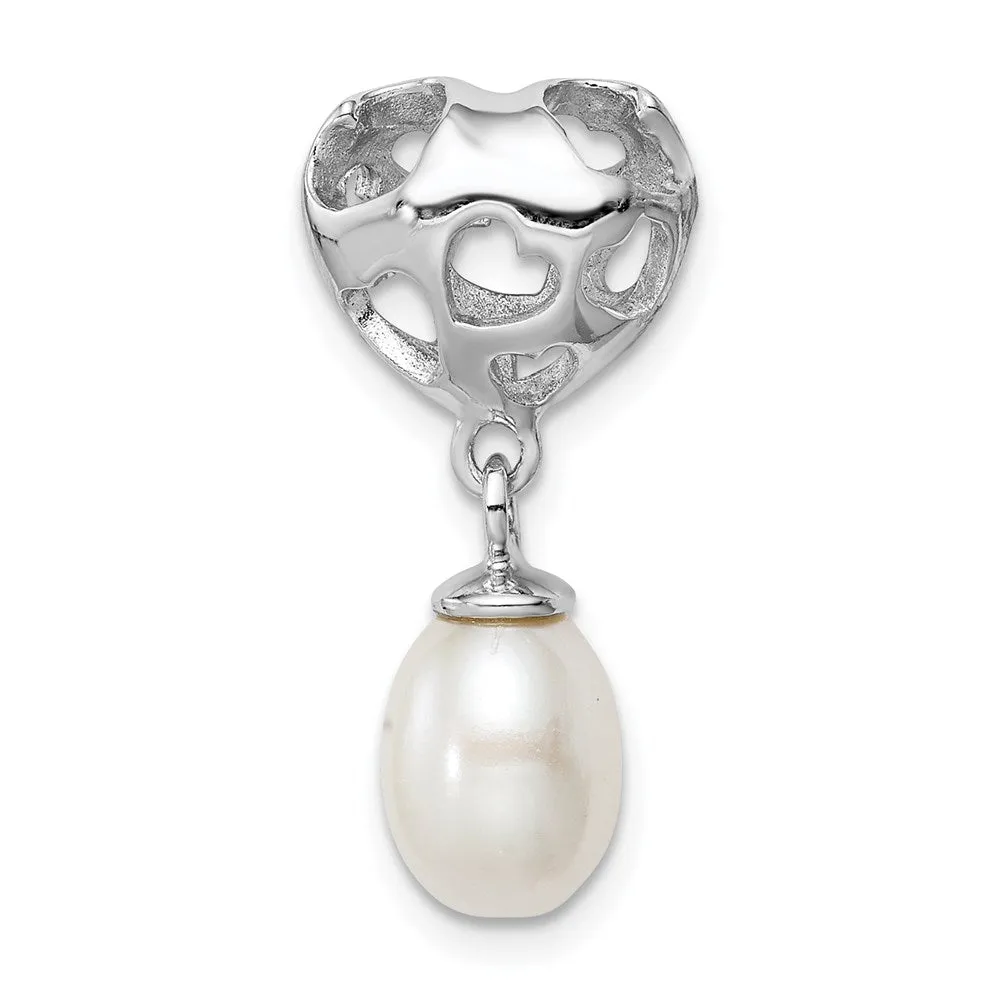 Sterling Silver Rhod Plated Heart & White FW Cultured Pearl Slide