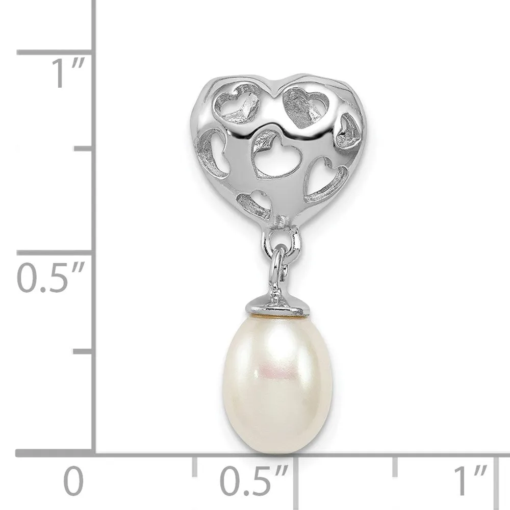 Sterling Silver Rhod Plated Heart & White FW Cultured Pearl Slide
