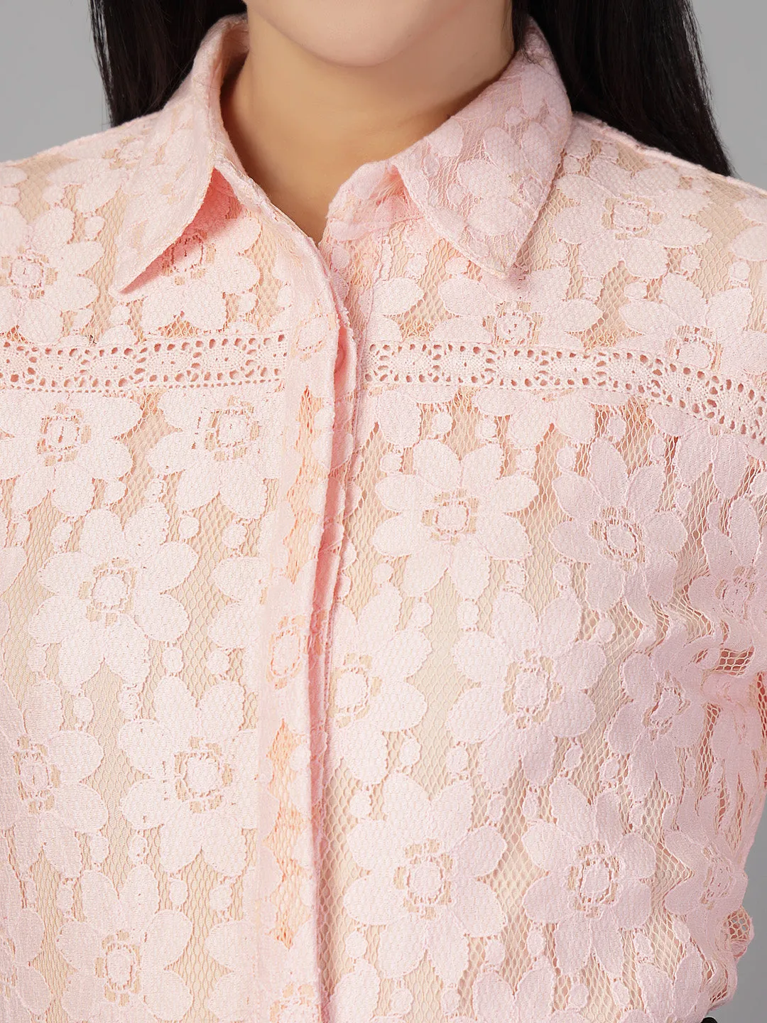 Style Quotient Women Peach Lace Shirt