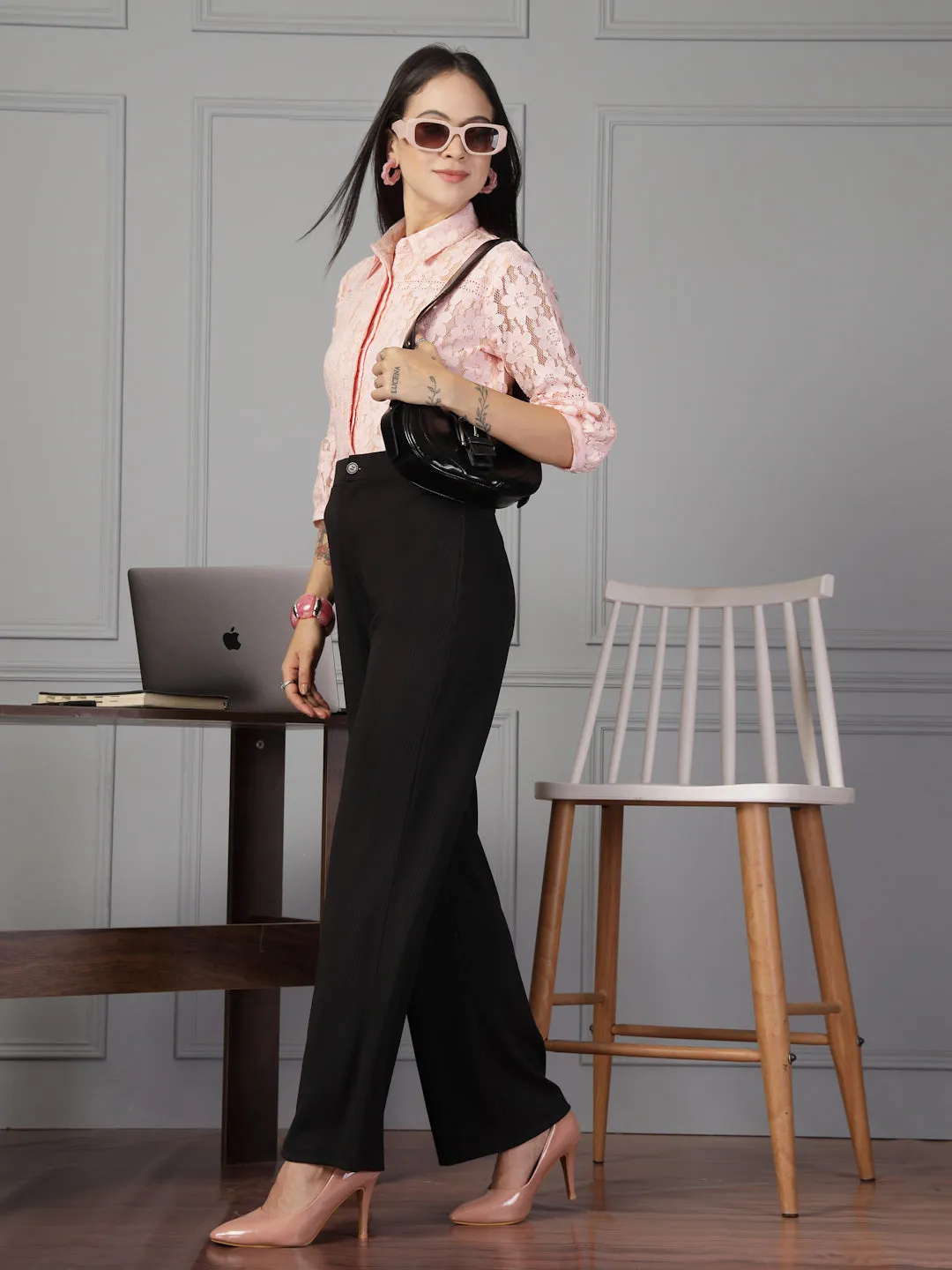 Style Quotient Women Peach Lace Shirt