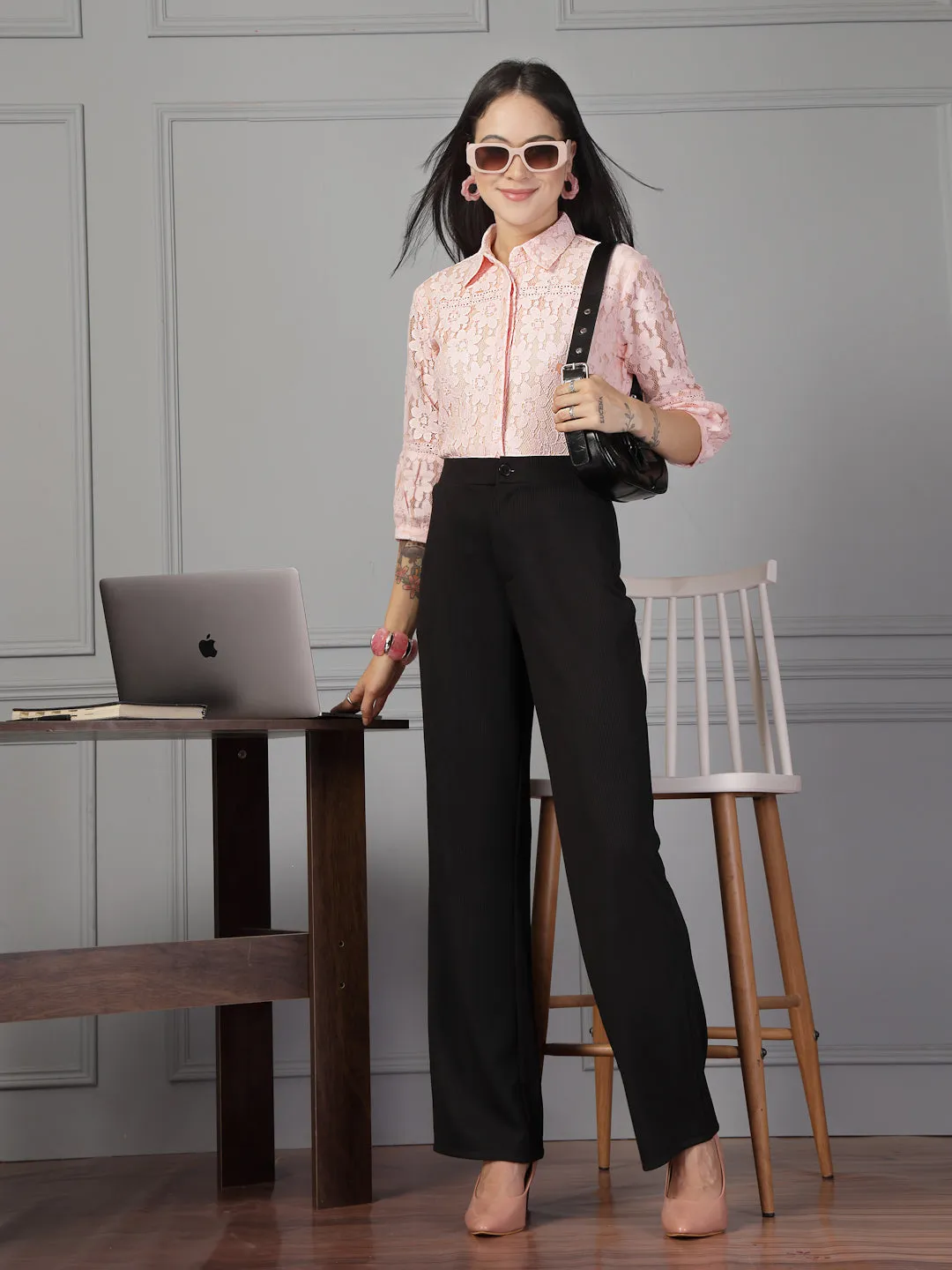 Style Quotient Women Peach Lace Shirt