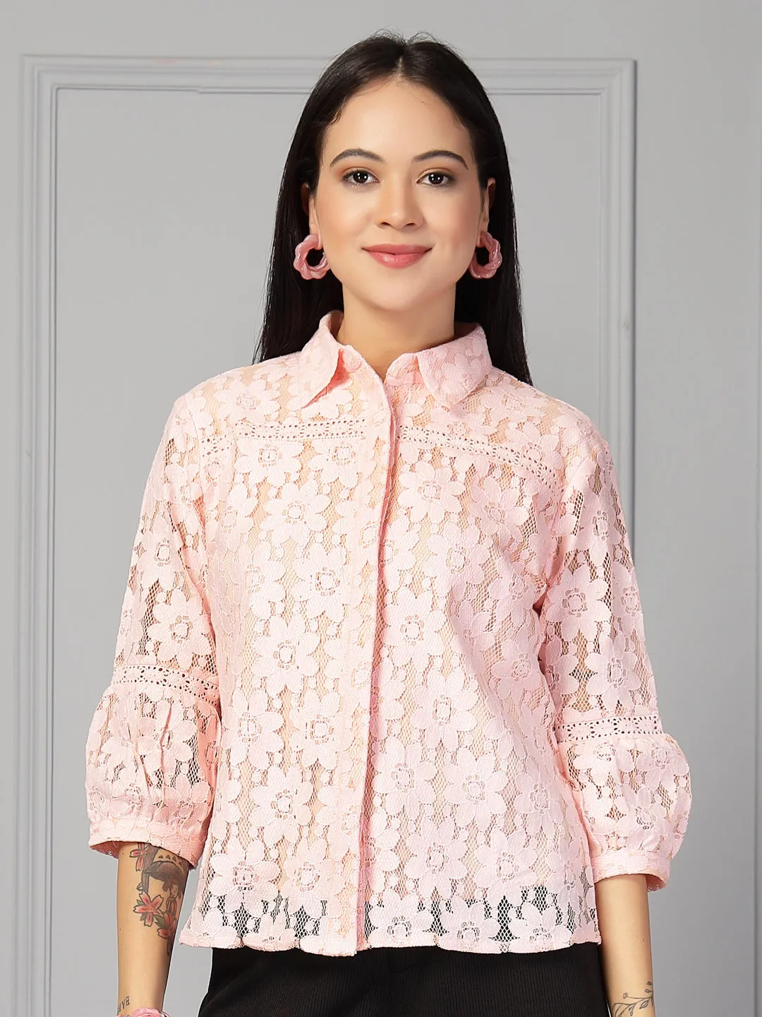 Style Quotient Women Peach Lace Shirt