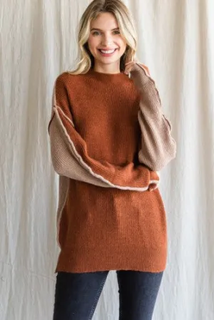 Taupe   Toast Contrast Front Woven Sweater