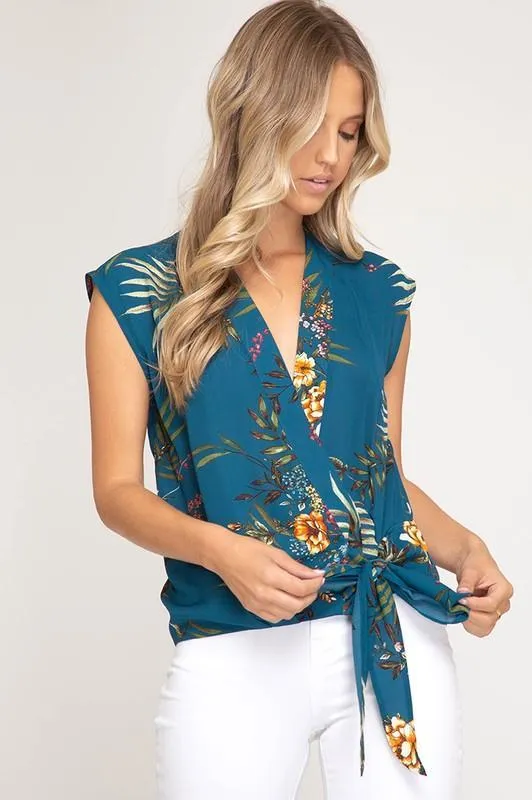 Teal Sleeveless Surplice Woven Floral Print Top