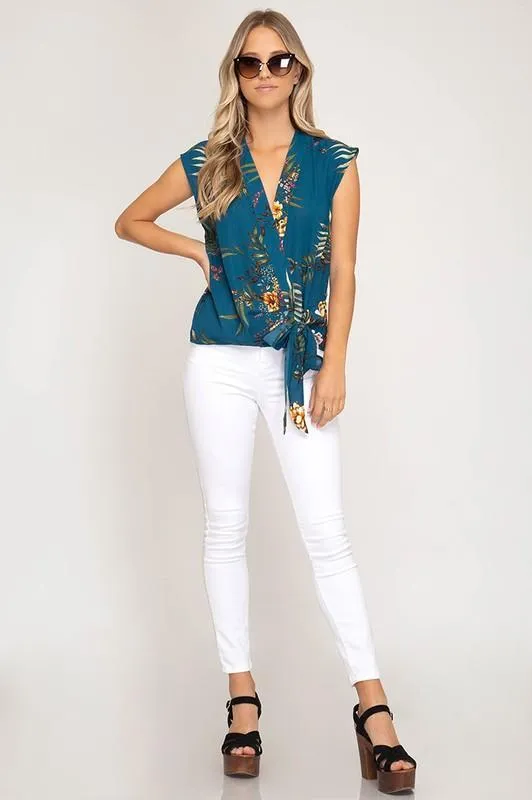 Teal Sleeveless Surplice Woven Floral Print Top