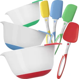 Vremi 3 Piece Plastic Mixing Bowl Set with Spatulas - Nesting Mixing Bowls with Rubber Grip Handles Easy Pour Spout and Non Slip Bottom - Three Sizes Small Large Capacity for Kitchen Baking or Salad