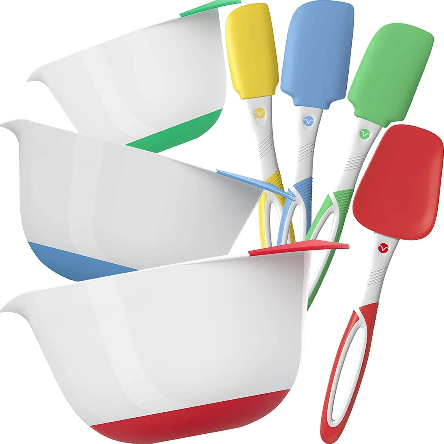 Vremi 3 Piece Plastic Mixing Bowl Set with Spatulas - Nesting Mixing Bowls with Rubber Grip Handles Easy Pour Spout and Non Slip Bottom - Three Sizes Small Large Capacity for Kitchen Baking or Salad