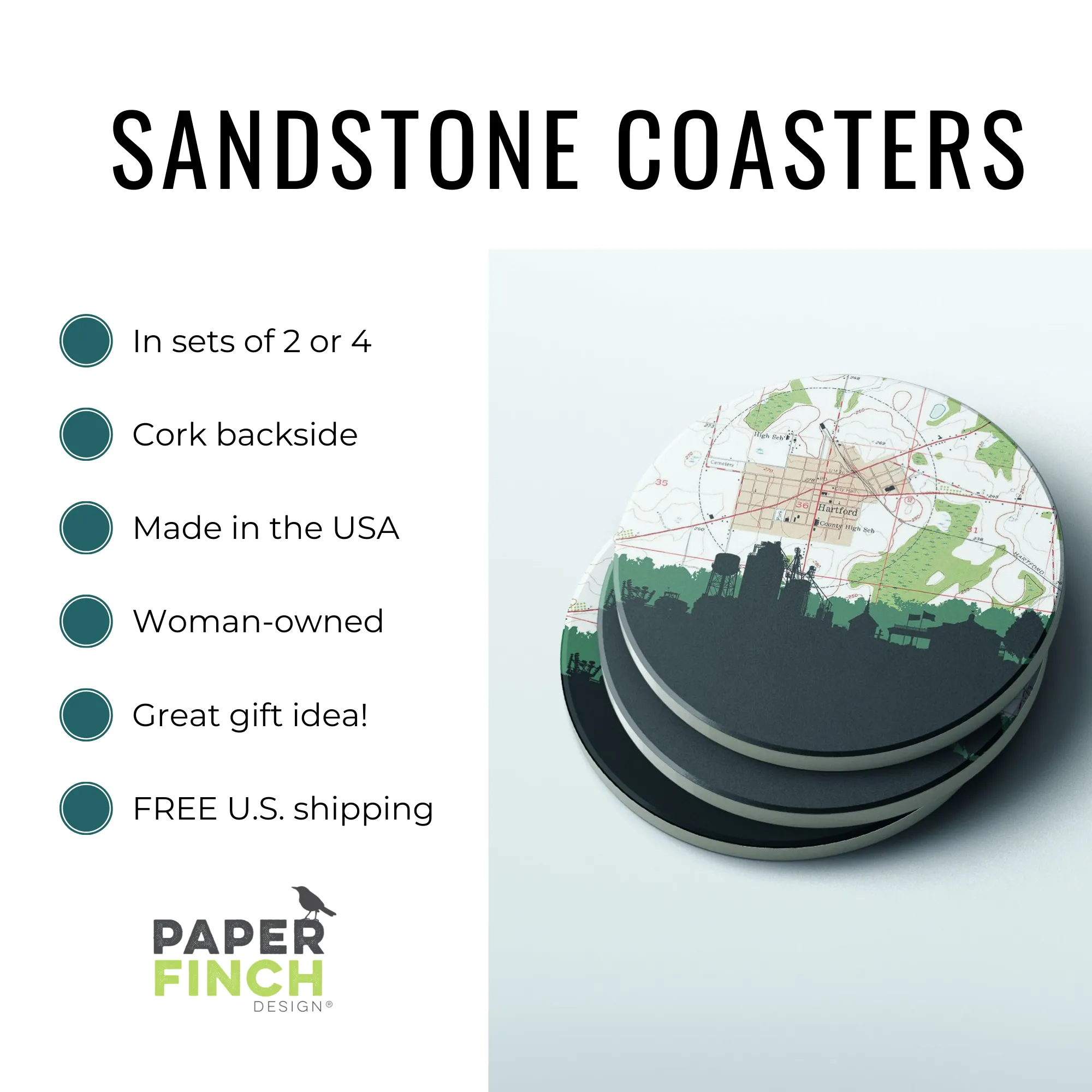 Wild West Chic Stone Coaster Set - Buffalo  Saddle Designs  4 Sandstone Coasters with Full Cork Backing  Made in the USA