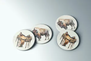 Wild West Chic Stone Coaster Set - Buffalo  Saddle Designs  4 Sandstone Coasters with Full Cork Backing  Made in the USA