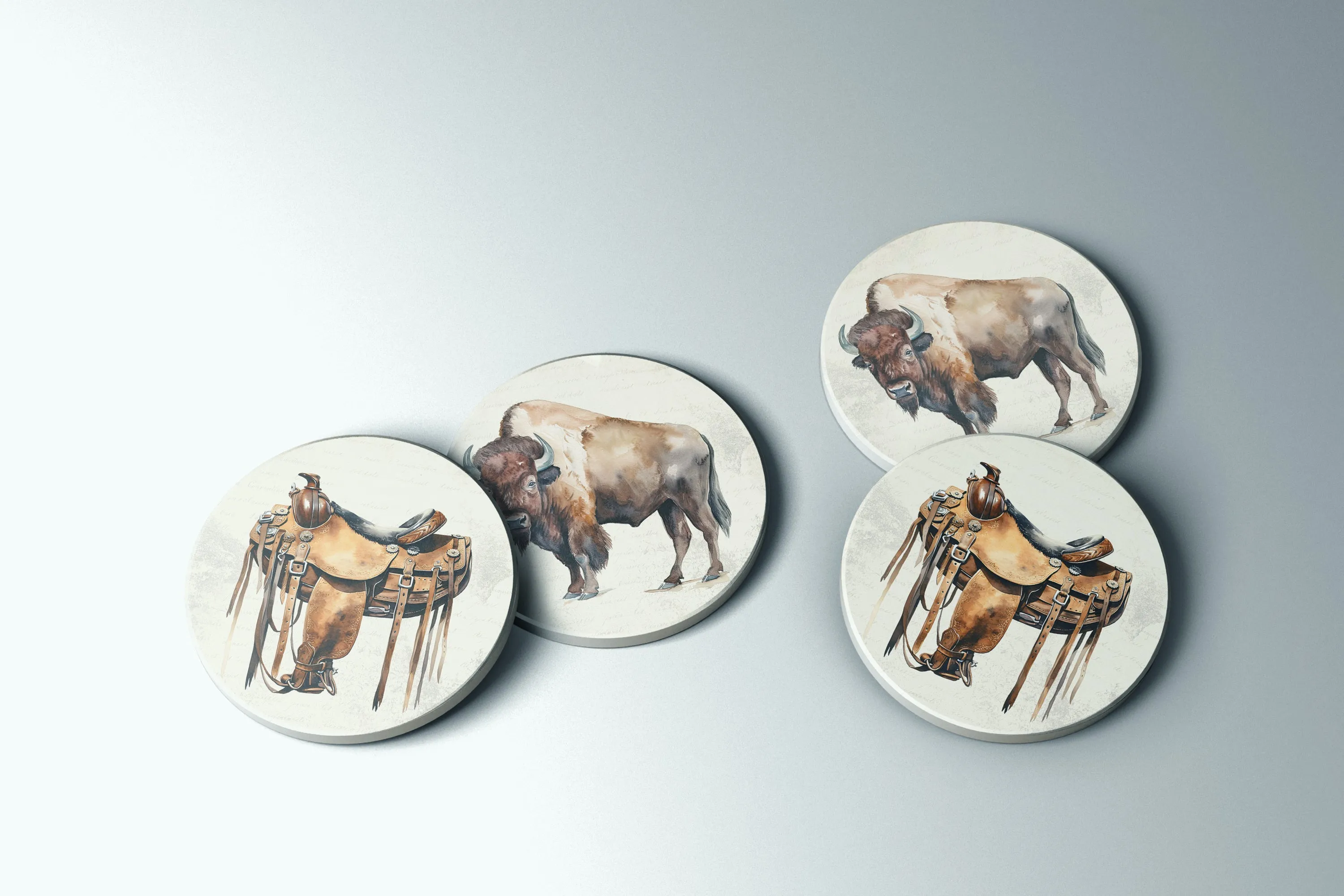 Wild West Chic Stone Coaster Set - Buffalo  Saddle Designs  4 Sandstone Coasters with Full Cork Backing  Made in the USA