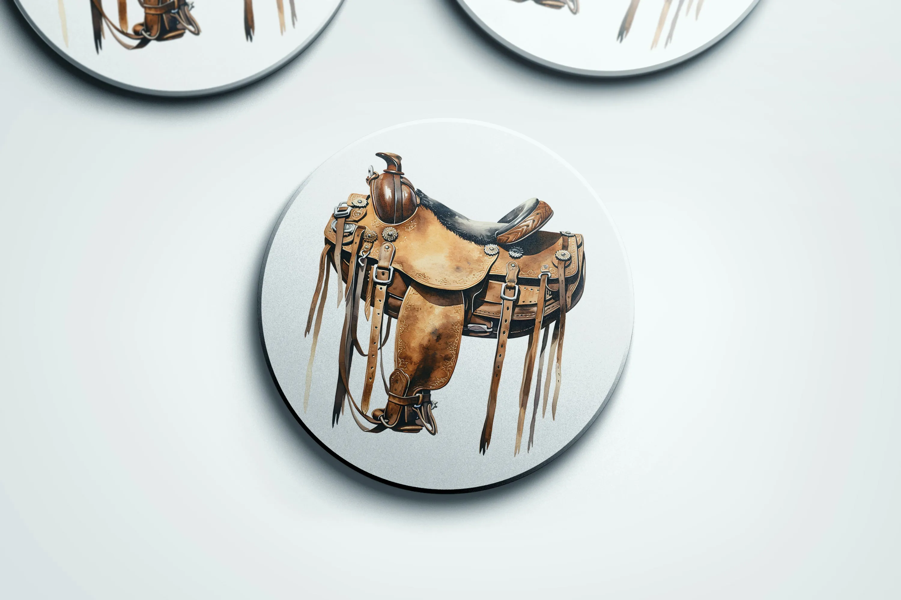 Wild West Chic Stone Coaster Set - Buffalo  Saddle Designs  4 Sandstone Coasters with Full Cork Backing  Made in the USA