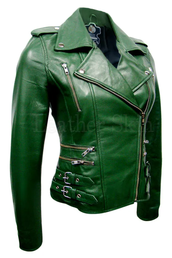 Women Green Brando Leather Jacket