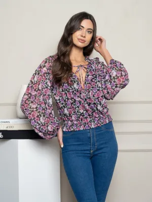 WOMEN'S LONG SLEEVE FLORAL WOVEN TOP