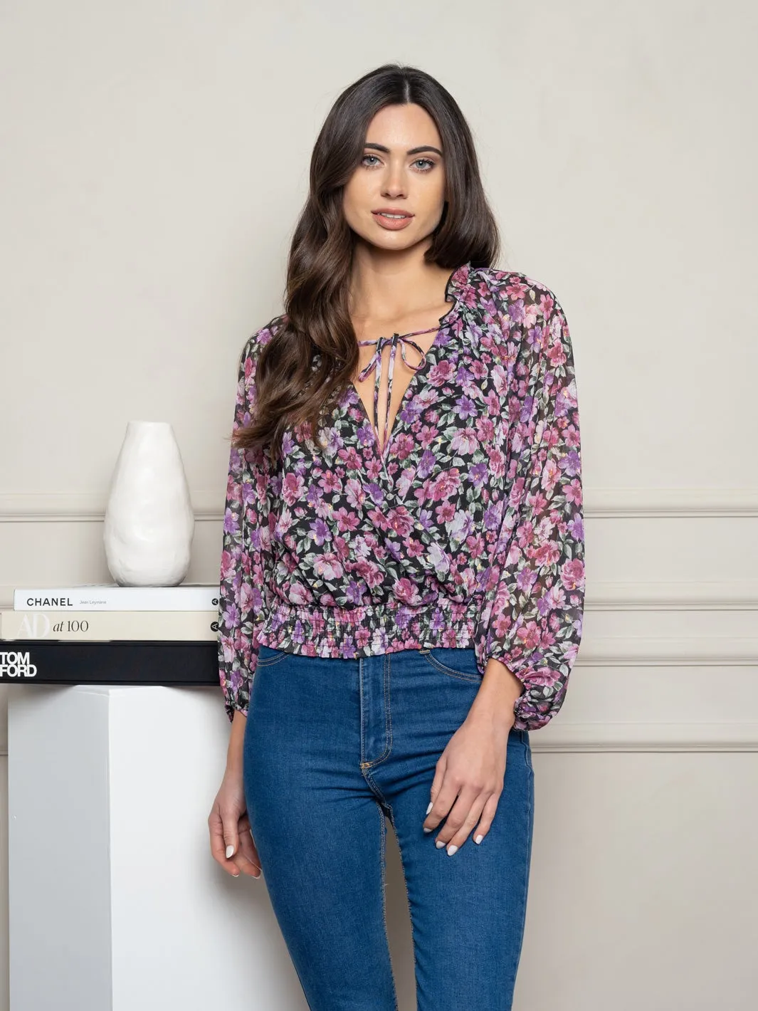 WOMEN'S LONG SLEEVE FLORAL WOVEN TOP
