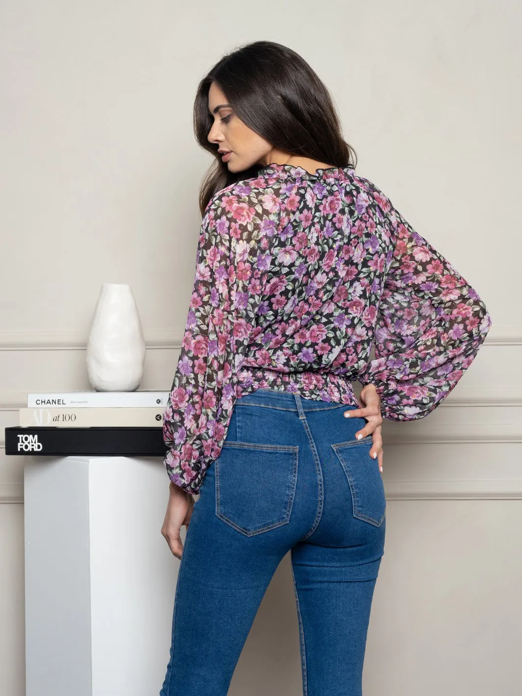WOMEN'S LONG SLEEVE FLORAL WOVEN TOP