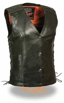 WOMEN'S MOTORCYCLE BLACK LEATHER VEST W/ STUD & WINGS DETAILING 2GUNPOCKETS SEXY