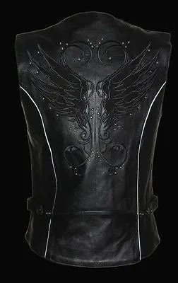 WOMEN'S MOTORCYCLE BLACK LEATHER VEST W/ STUD & WINGS DETAILING 2GUNPOCKETS SEXY