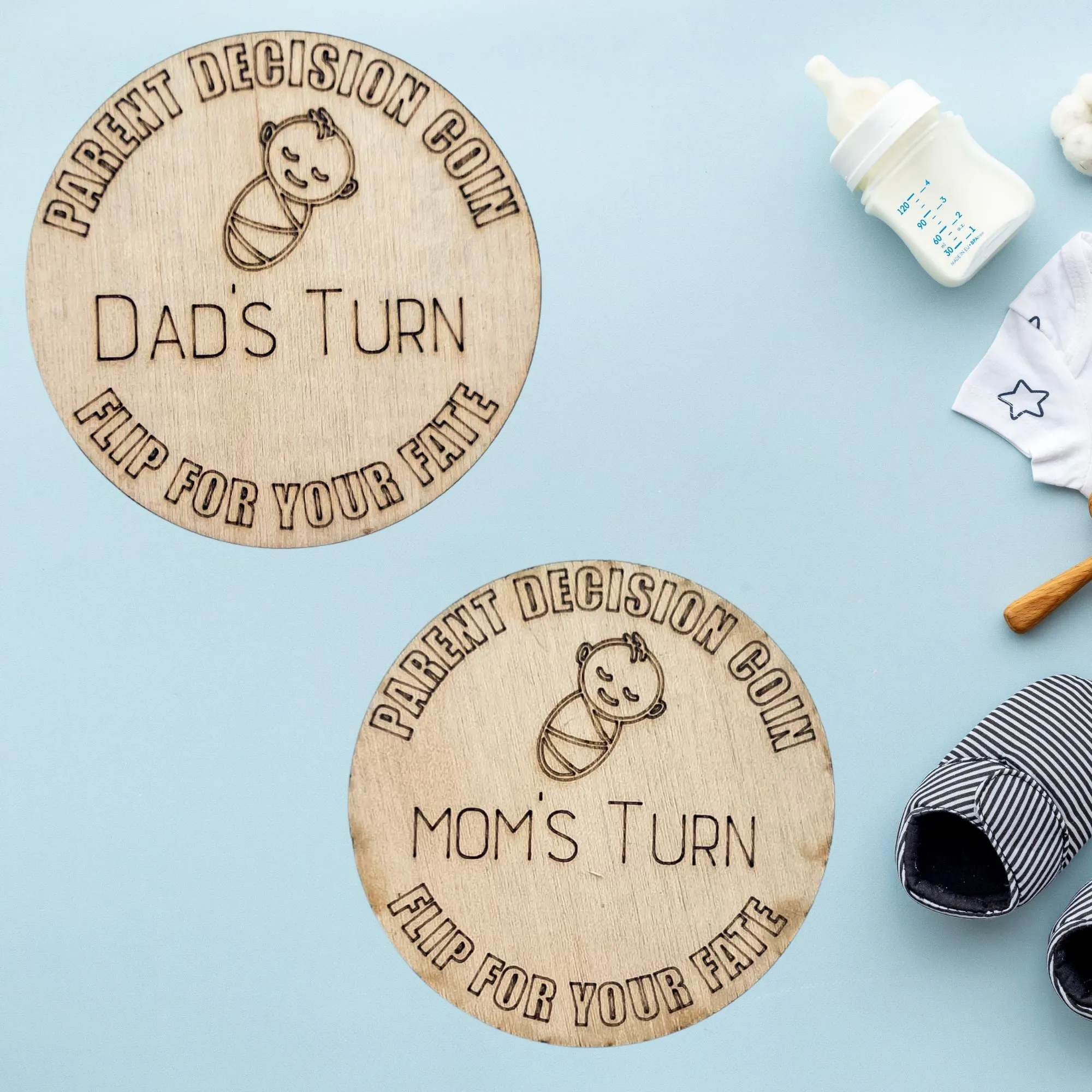 Wooden Parent Decision Coin – 3x3 Inches Engraved Baby Design | "Mom's Turn" & "Dad's Turn" New Parent Gift