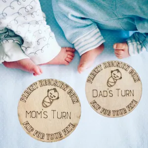 Wooden Parent Decision Coin – 3x3 Inches Engraved Baby Design | "Mom's Turn" & "Dad's Turn" New Parent Gift