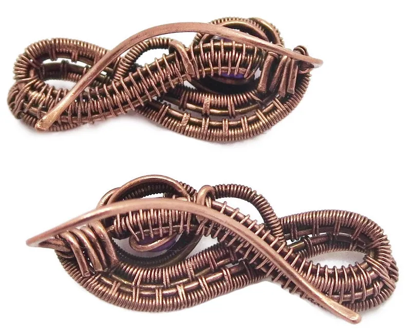 Woven Copper and Custom Gemstone Ear Pins; "Ball Ribbon" Model