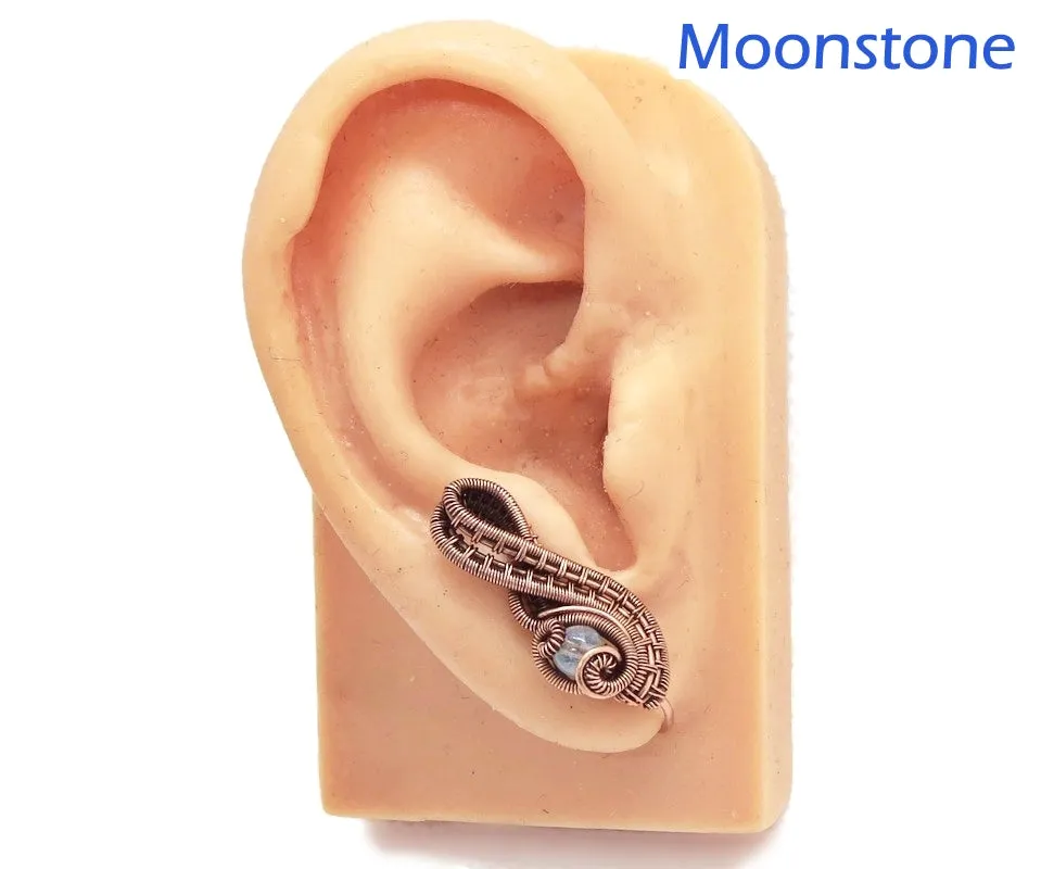 Woven Copper and Custom Gemstone Ear Pins; "Ball Ribbon" Model