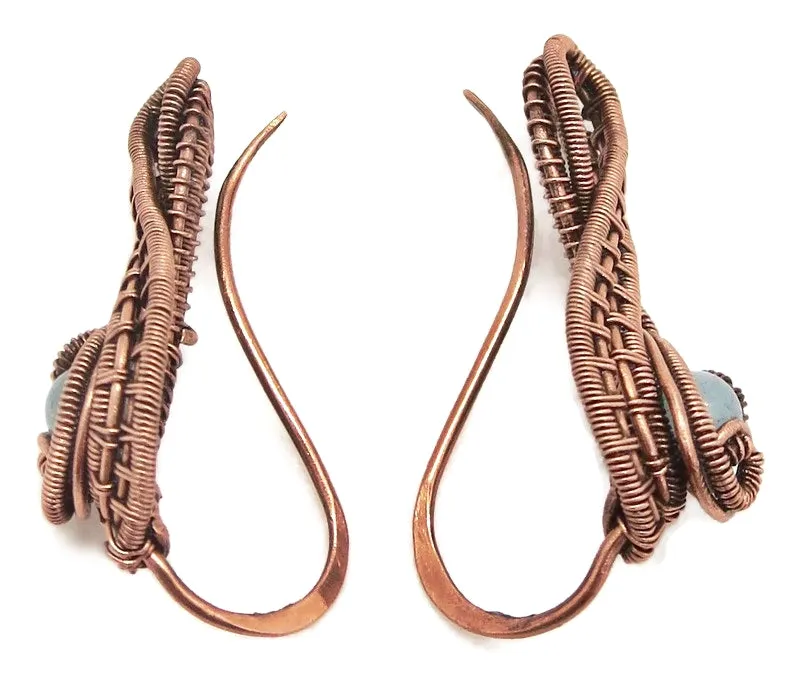 Woven Copper and Custom Gemstone Ear Pins; "Ball Ribbon" Model
