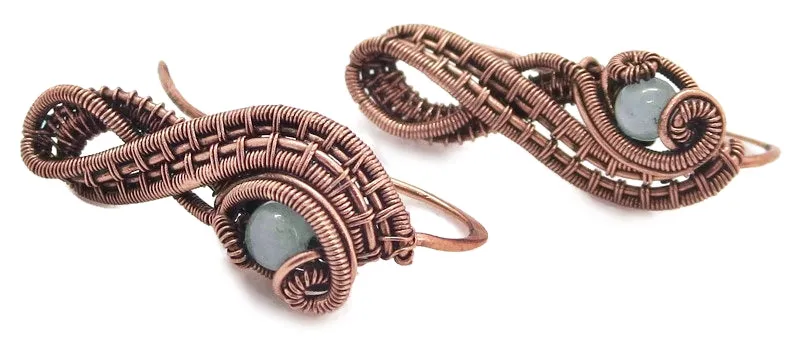 Woven Copper and Custom Gemstone Ear Pins; "Ball Ribbon" Model