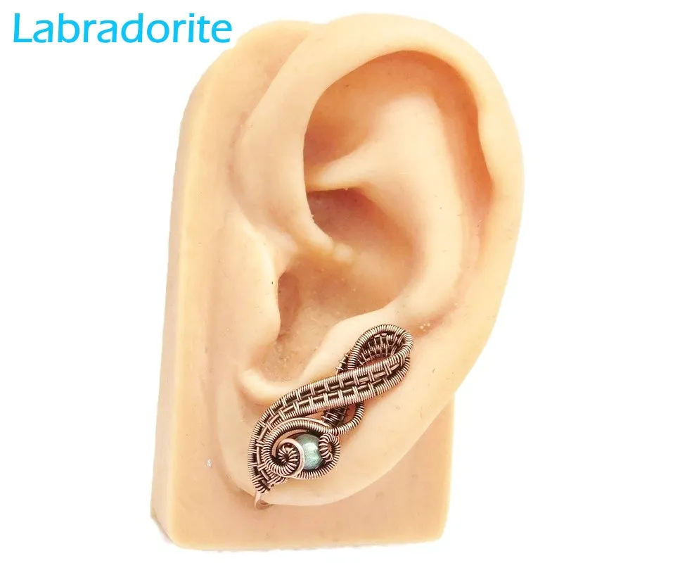 Woven Copper and Custom Gemstone Ear Pins; "Ball Ribbon" Model