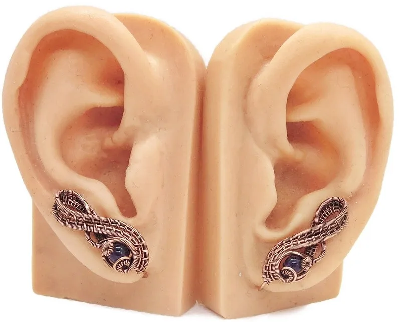 Woven Copper and Custom Gemstone Ear Pins; "Ball Ribbon" Model