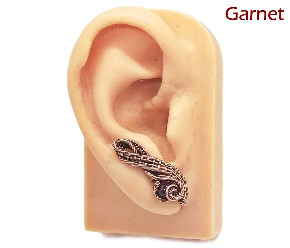 Woven Copper and Custom Gemstone Ear Pins; "Ball Ribbon" Model